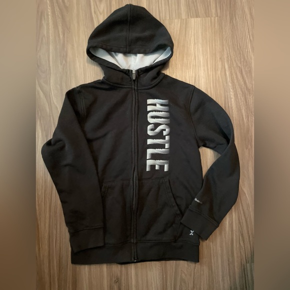 Xersion Boys Black Athletic Zip-Up Jacket with White Hustle word hoodie size M - Picture 5 of 6
